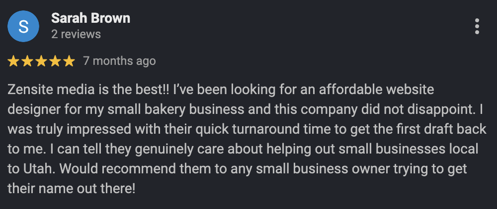 Google Maps five-star review from a Zensite Media client (1 of 14)