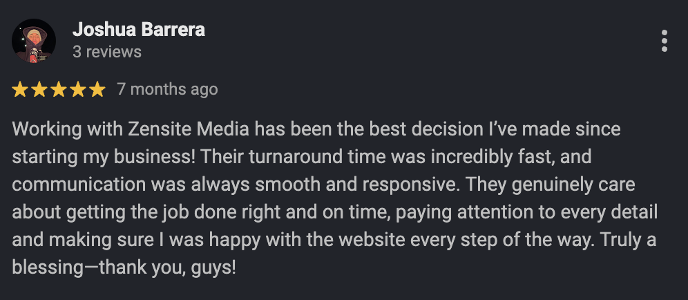 Google Maps five-star review from a Zensite Media client (10 of 14)