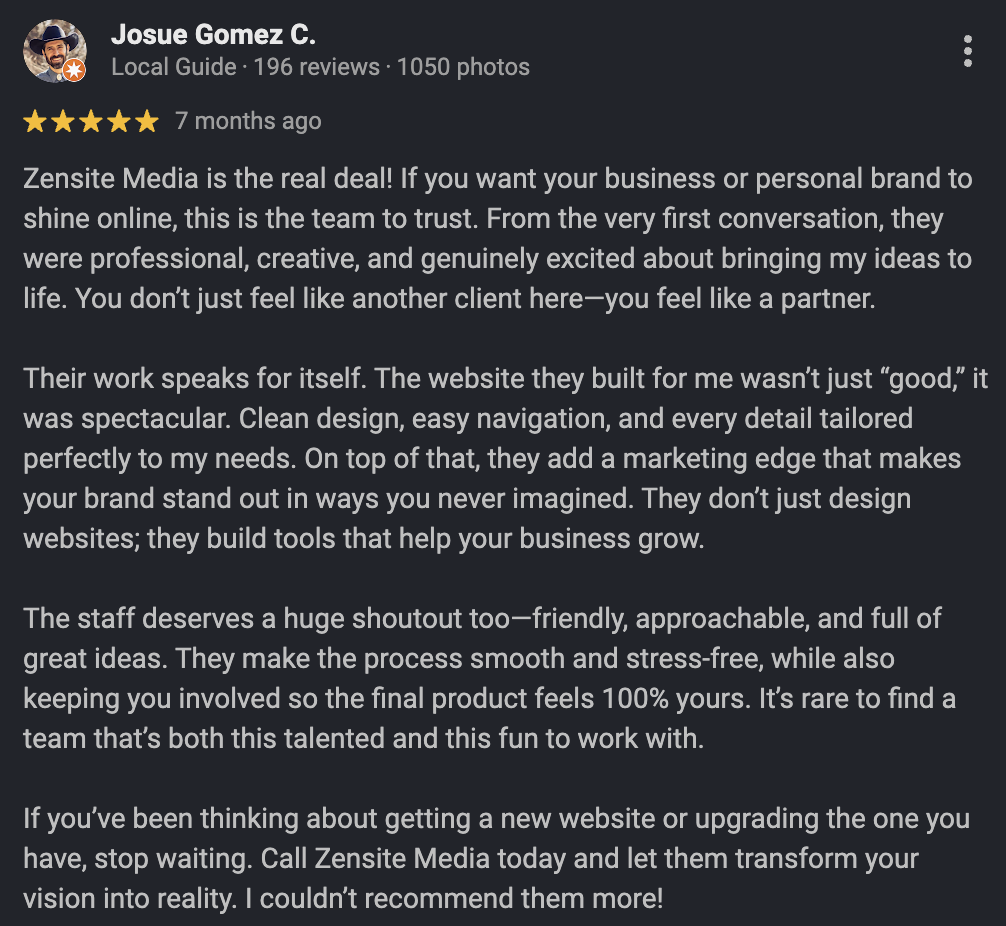 Google Maps five-star review from a Zensite Media client (11 of 14)