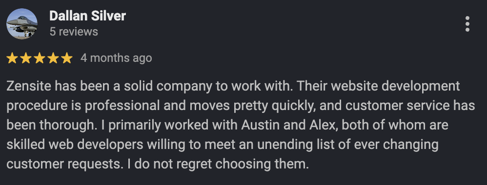 Google Maps five-star review from a Zensite Media client (12 of 14)