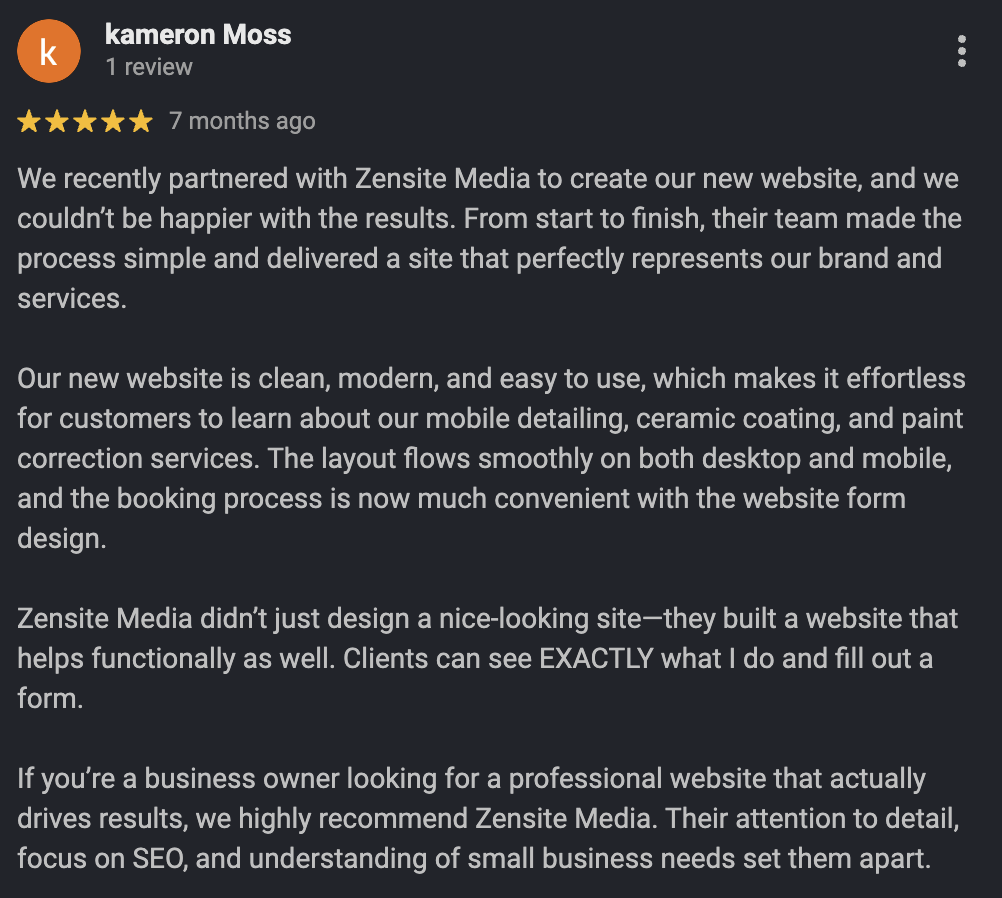 Google Maps five-star review from a Zensite Media client (2 of 14)