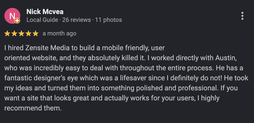 Google Maps five-star review from a Zensite Media client (5 of 14)